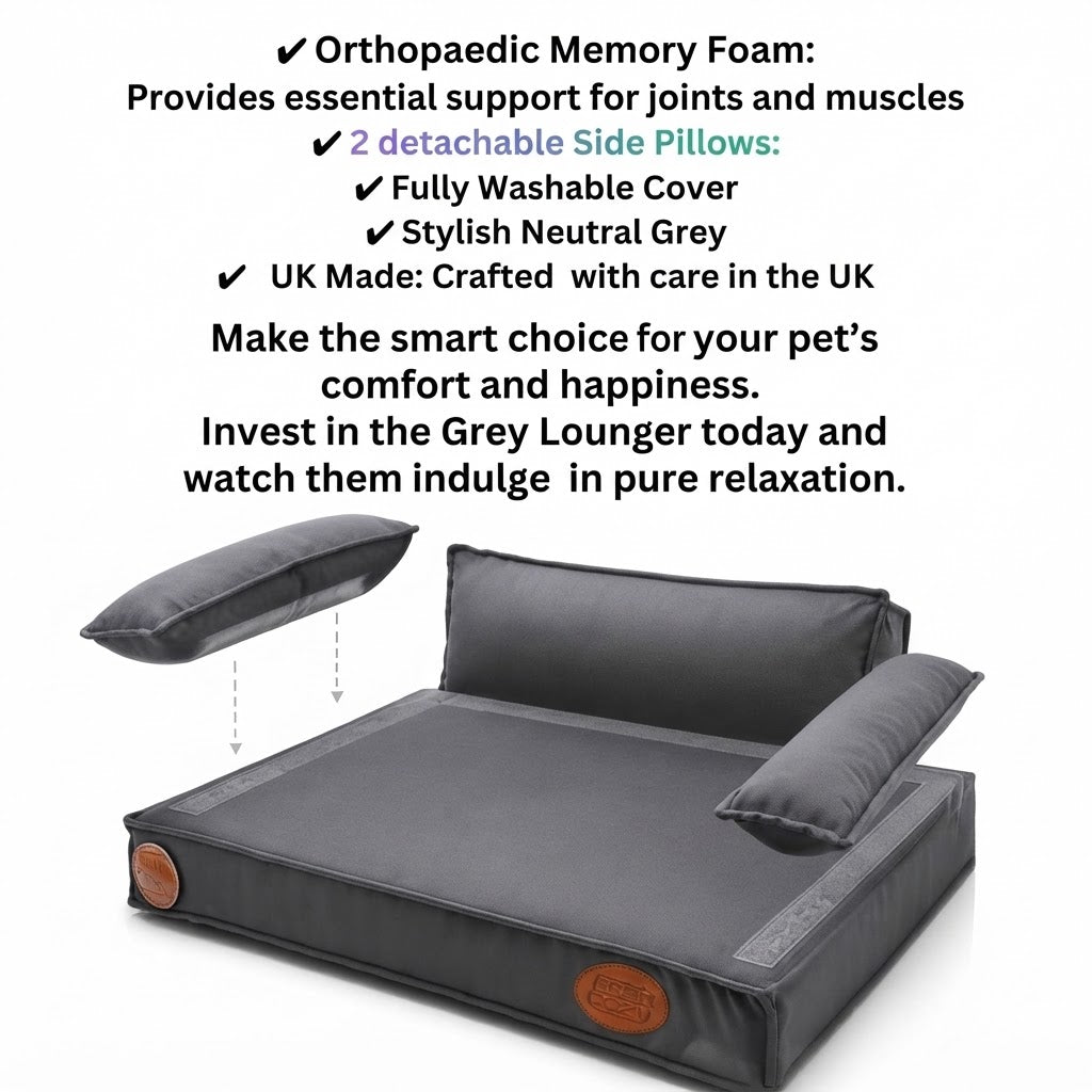 Grey Lounger: Premium Orthopaedic Memory Foam Dog Bed 88x68x26cm - Dog Beds & Loungers for dogs Snug and Cosy Pets