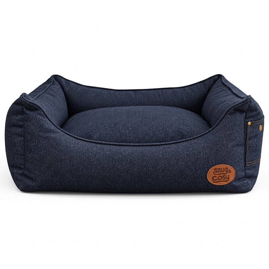 Denim-Effect Dog Bed - Modern Rectangular Design with Reversible Cushion - Pet Beds for dogs Snug and Cosy Pets