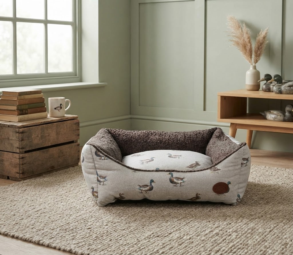Beige Duck Print Dog Bed - Nature Collection Rectangle with Virgin Fibre - Pet Beds for dogs Snug and Cosy Pets