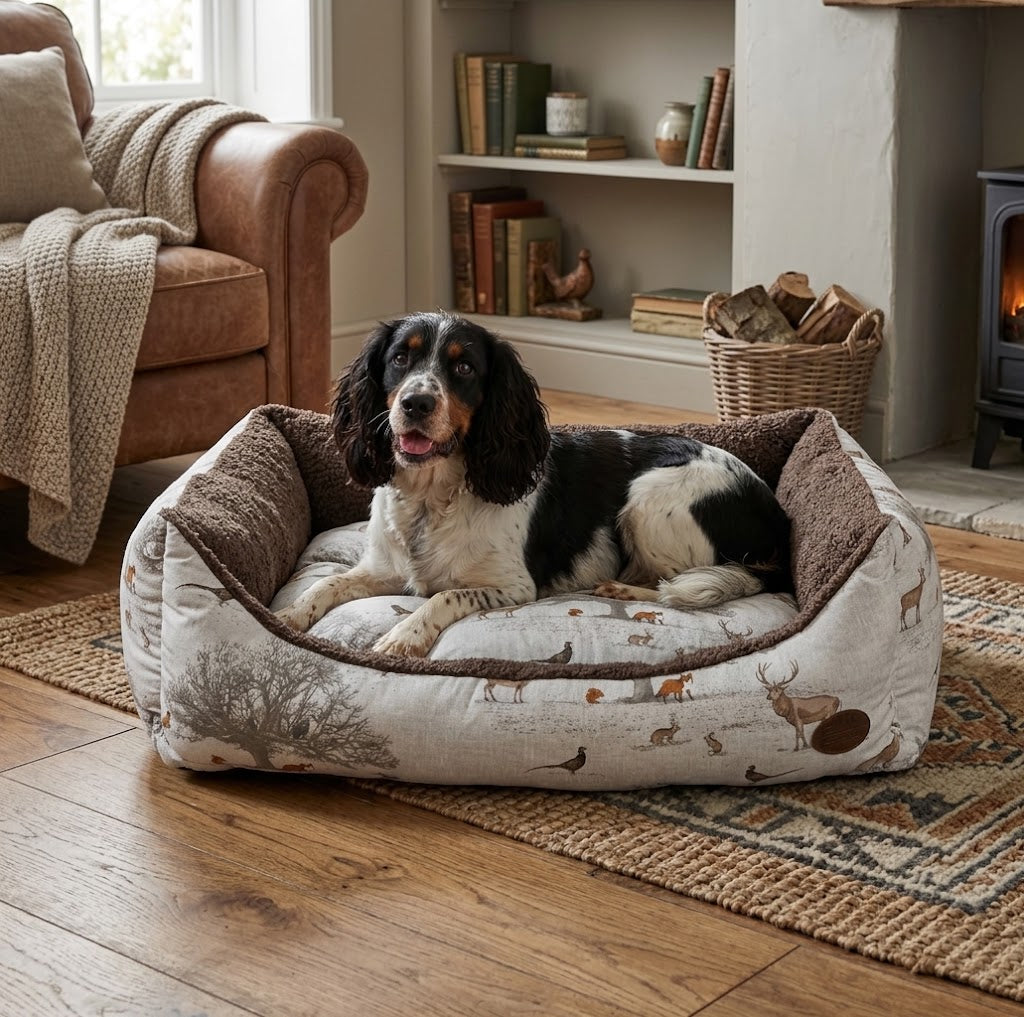 Woodland Rectangle Dog Pet Bed - Reversible Cream Nature Print - Dog Bed for dogs Snug and Cosy Pets