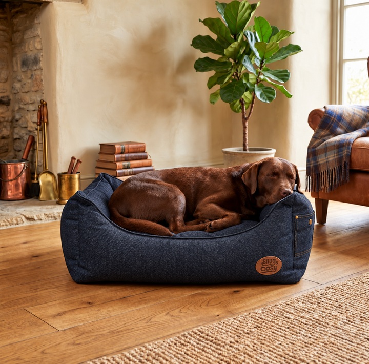 Denim-Effect Dog Bed - Modern Rectangular Design with Reversible Cushion - Pet Beds for dogs Snug and Cosy Pets