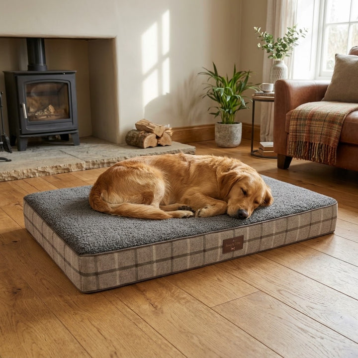 Heritage Check & Sherpa Orthopaedic Mattress Bed - for dogs Snug and Cosy Pets