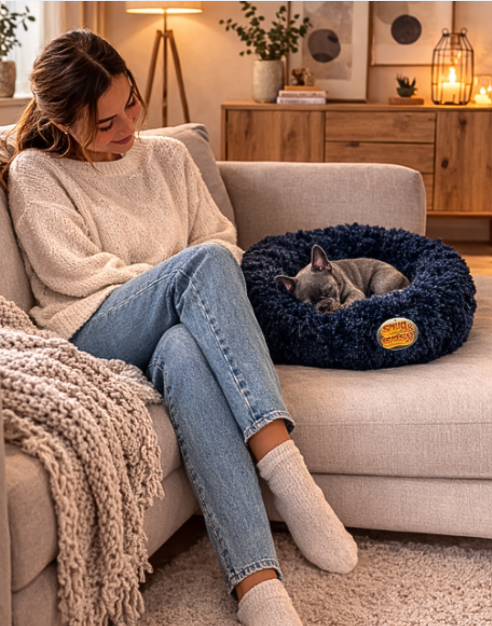 Anti Anxiety Donut Dog Pet Puppy Bed - Calming Faux Fur Pet Bed with Raised Sides