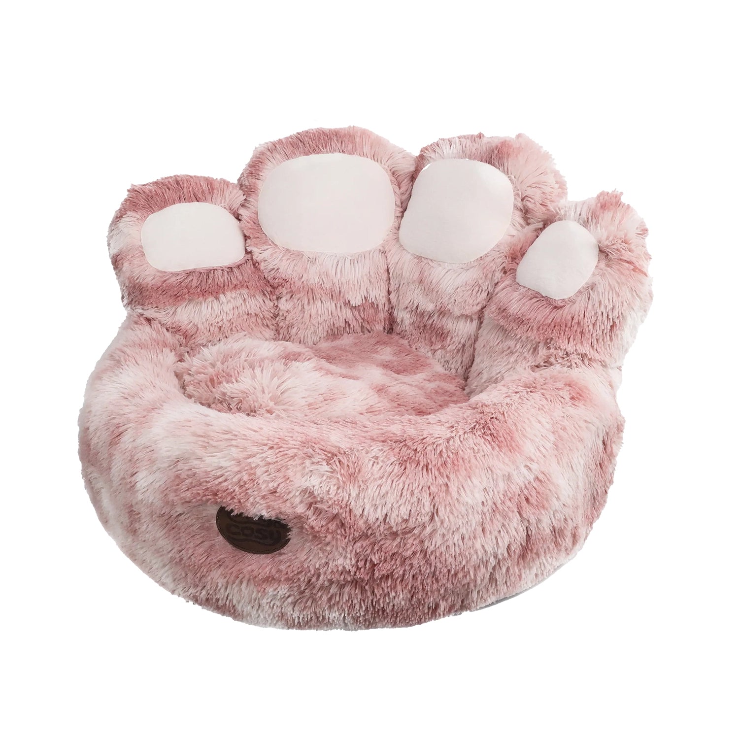 A pink pet bed designed in the shape of a large paw with raised platforms and short faux fur.