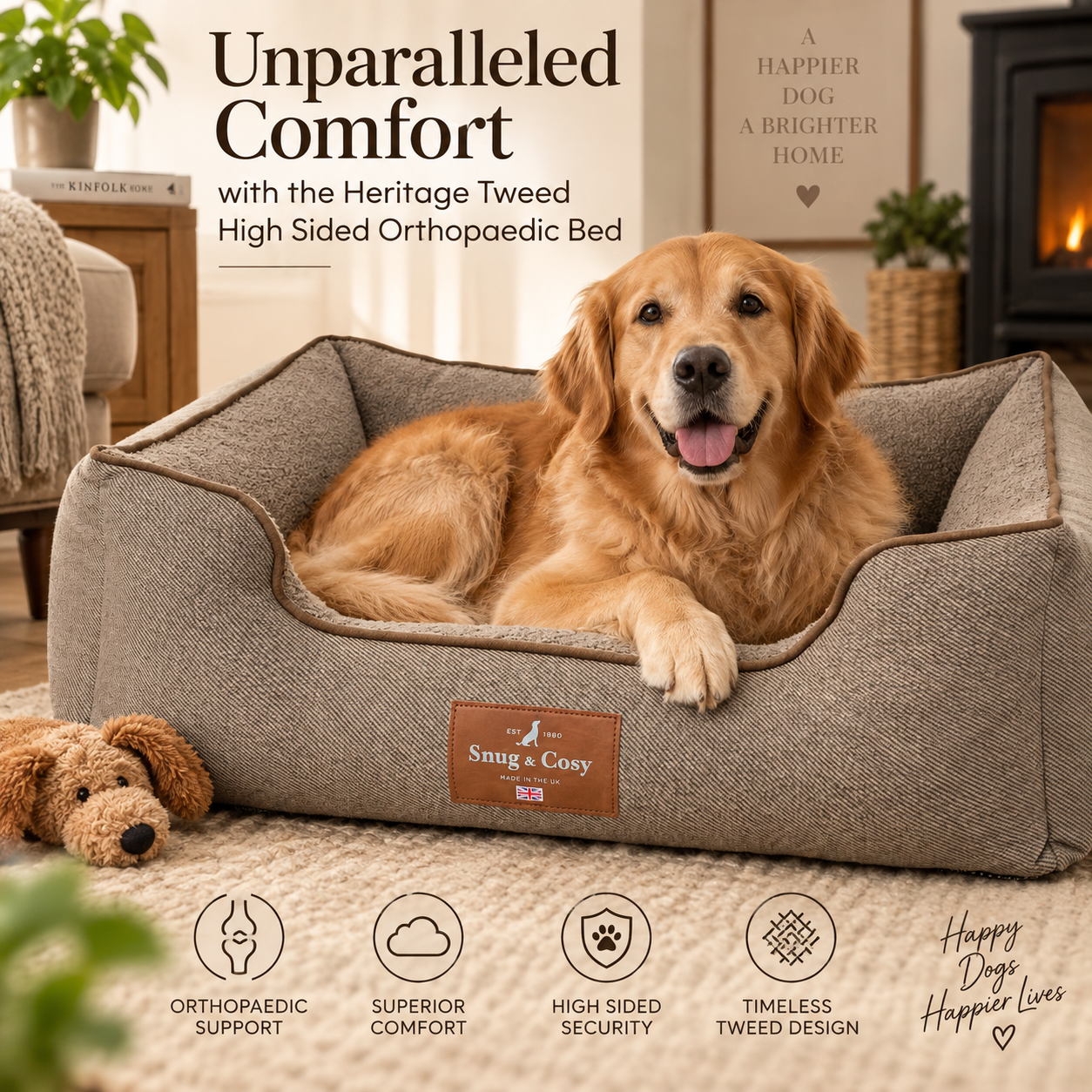 Heritage Tweed High Sided Orthopaedic Bed - Ultimate Comfort for Your Furry Friend - Dog Bed for dogs Snug and Cosy Pets