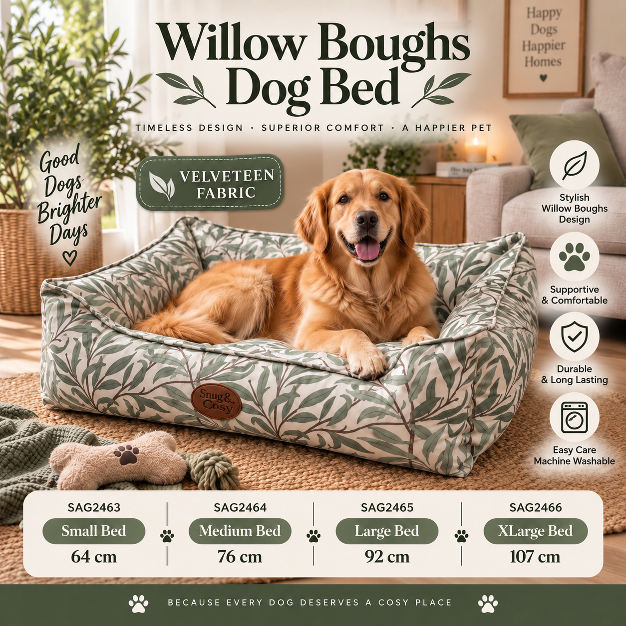 William Boughs Dog Bed Velveteen Fabric Sage - for dogs Snug and Cosy Pets