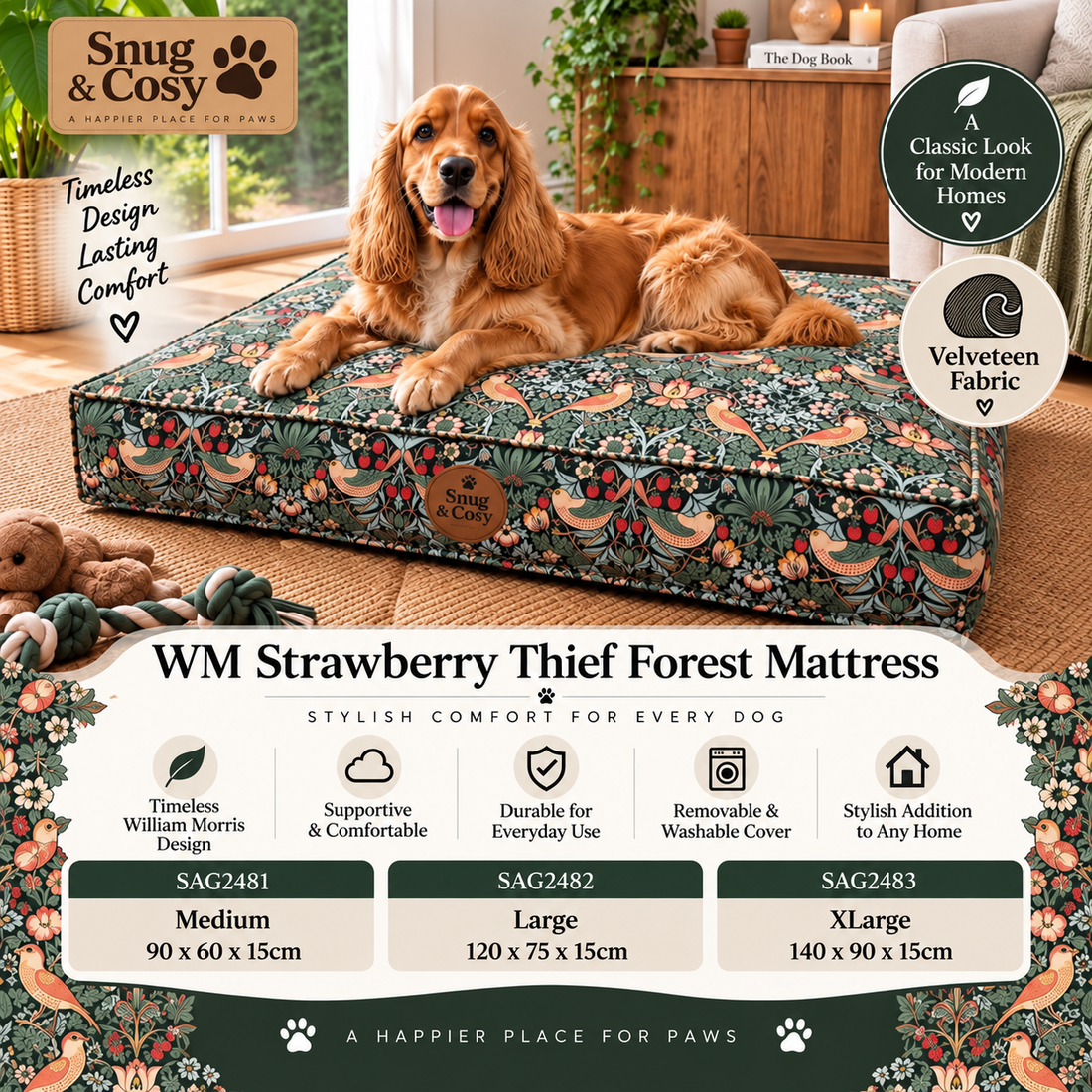 WM Strawberry Thief Forest Mattress Velveteen Fabric