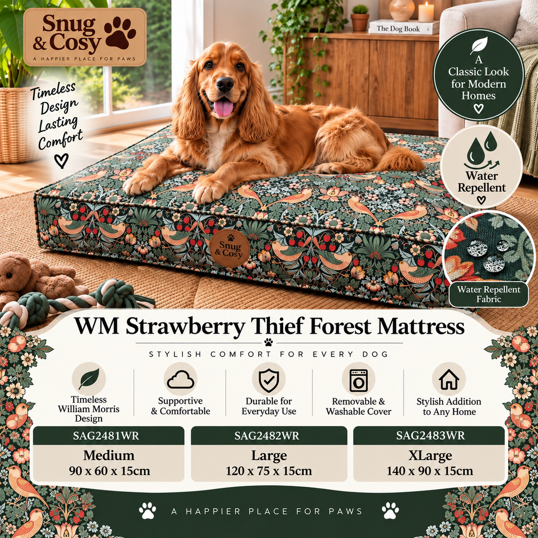 WM Strawberry Thief Forest Mattress Water Repellent Fabric