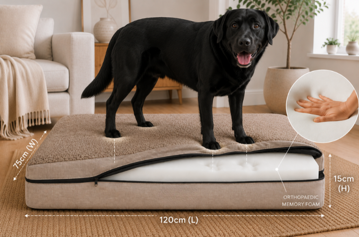 Black dog standing on a large orthopedic memory foam pet bed in a living room.