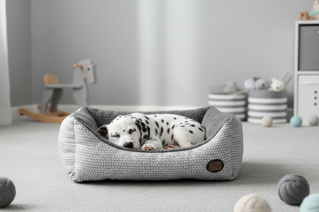Grey Polka Dot Dog Bed - Washable Pet Bed with Raised Sides - Dog Beds for dogs Snug and Cosy Pets