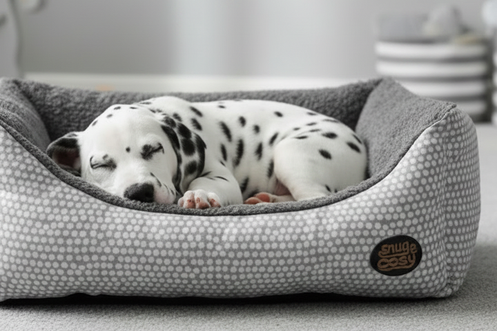 Dalmatian puppy sleeping in a gray pet bed with 'Stud & Cozy' branding.