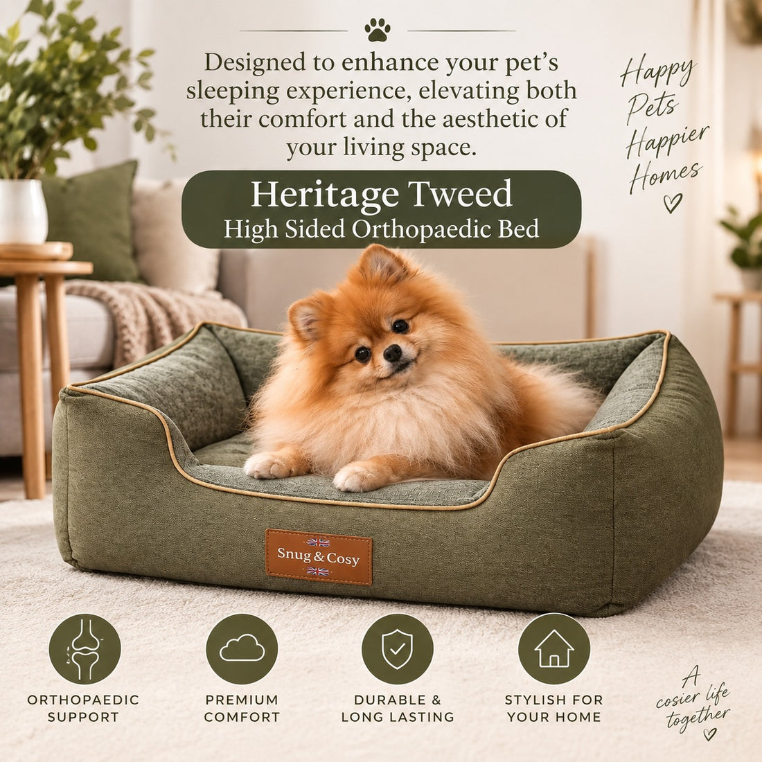 Heritage Tweed High Sided Orthopaedic Bed - Ultimate Comfort for Your Furry Friend - Dog Bed for dogs Snug and Cosy Pets
