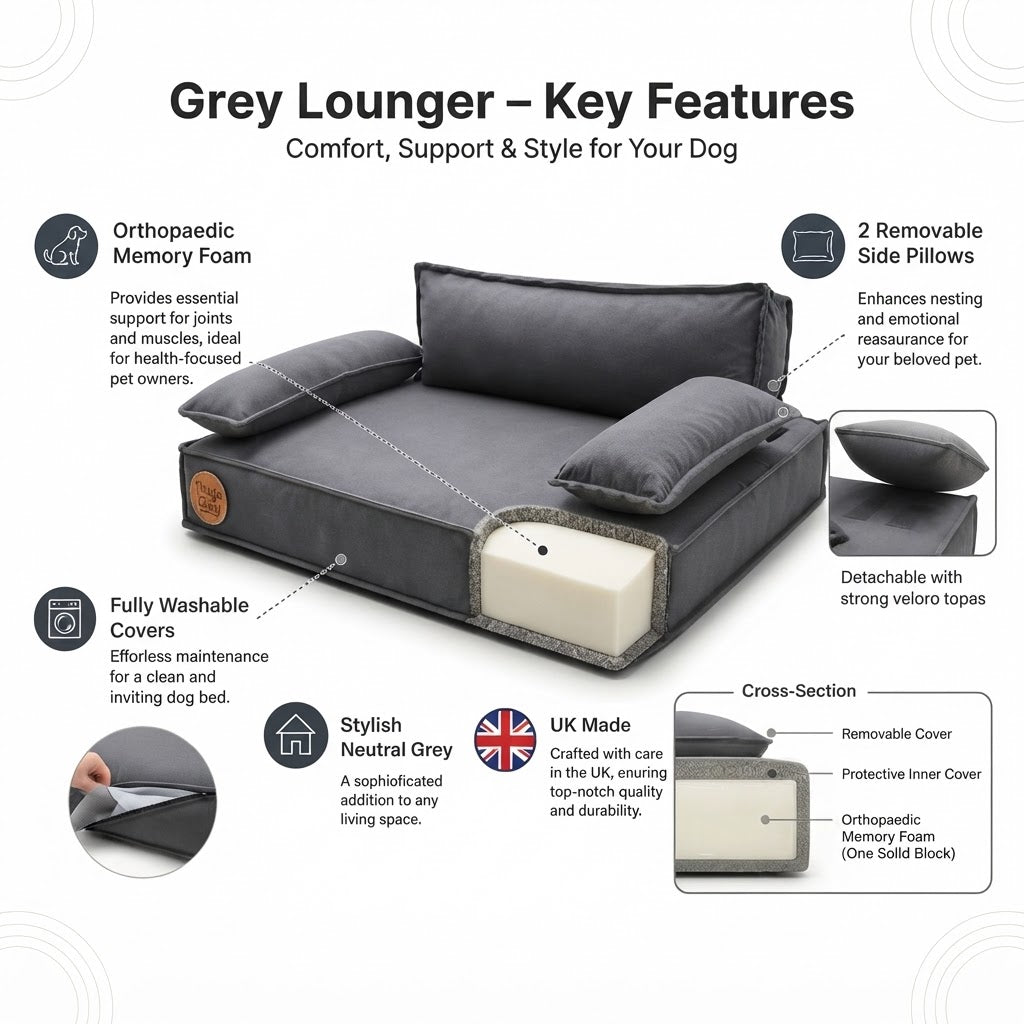 Grey Lounger: Premium Orthopaedic Memory Foam Dog Bed 88x68x26cm - Dog Beds & Loungers for dogs Snug and Cosy Pets