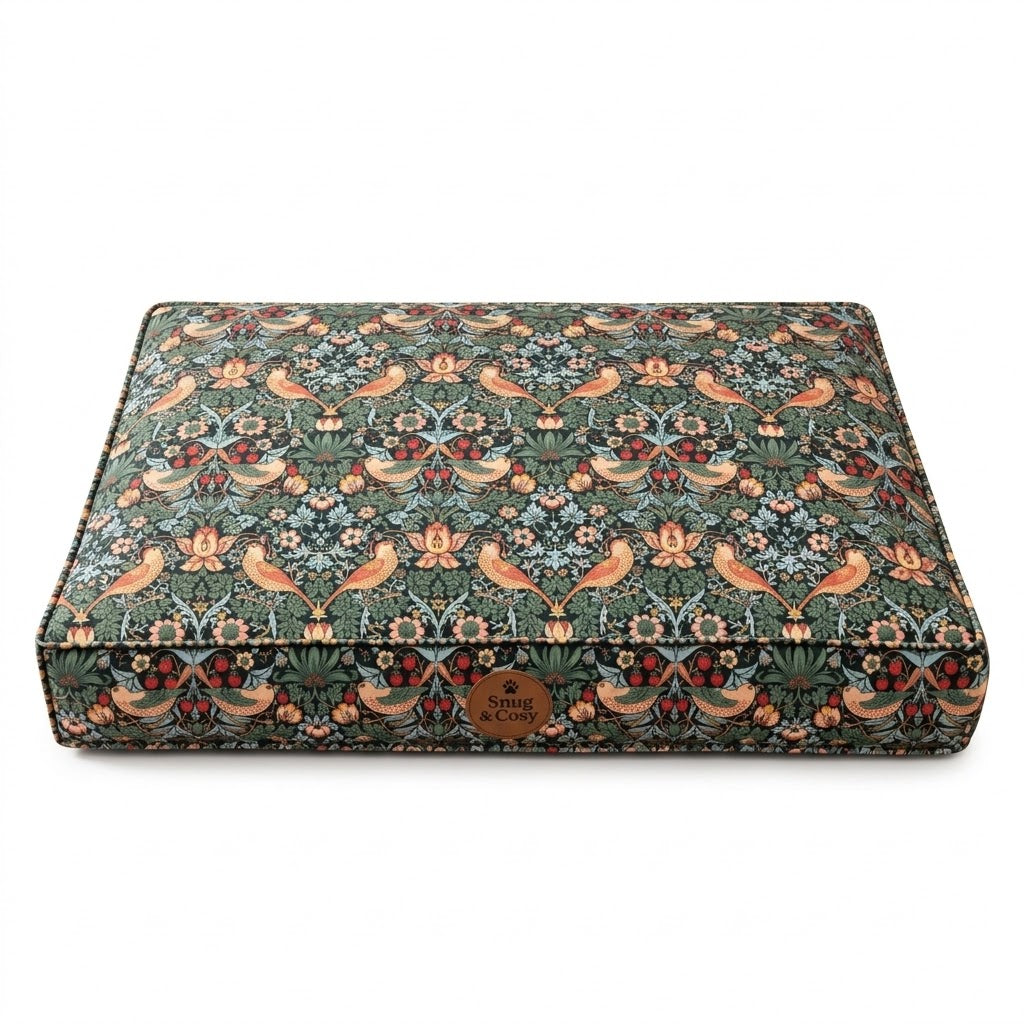 Strawberry Thief Forest Mattress Velveteen Fabric - for dogs Snug and Cosy Pets