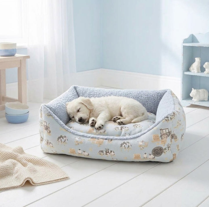 Farmyard Blue Rectangle Dog Bed - Comfort Meets Charming British Design