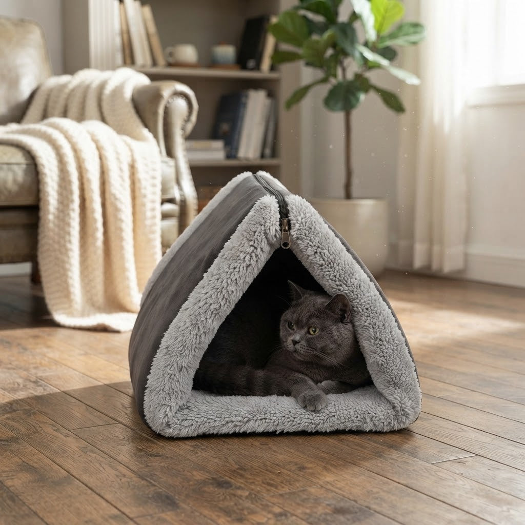 Cozy Luxury Grey Cat Igloo Bed - The Perfect Retreat for Your Feline Friend - Cat Beds for dogs Snug and Cosy Pets