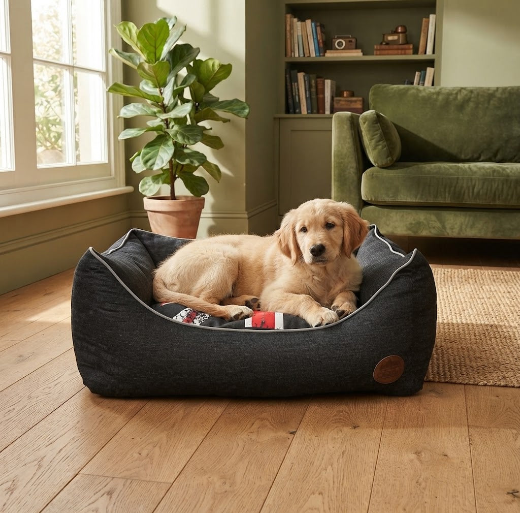 Denim Union Jack Dog Bed with Reversible Cushion - Stylish British Flag Design for Pets - Pet Beds for dogs Snug and Cosy Pets