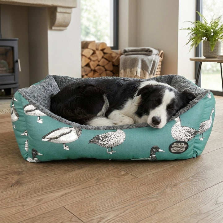 Teal Duck Print Dog Bed - Nature Collection Rectangle with Virgin Fibre for Ultimate Comfort - Pet Beds for dogs Snug and Cosy Pets