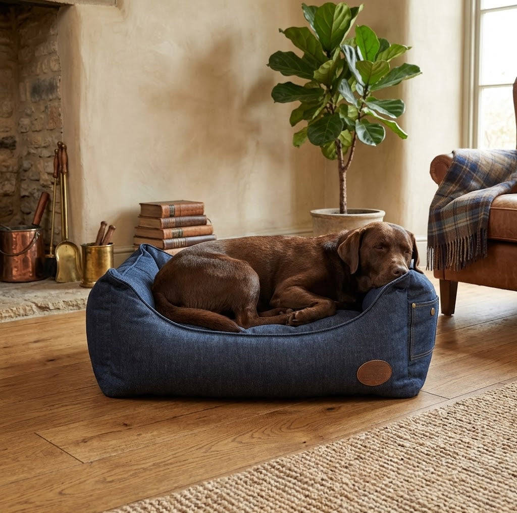 Denim-Effect Dog Bed - Modern Rectangular Design with Reversible Cushion - Pet Beds for dogs Snug and Cosy Pets