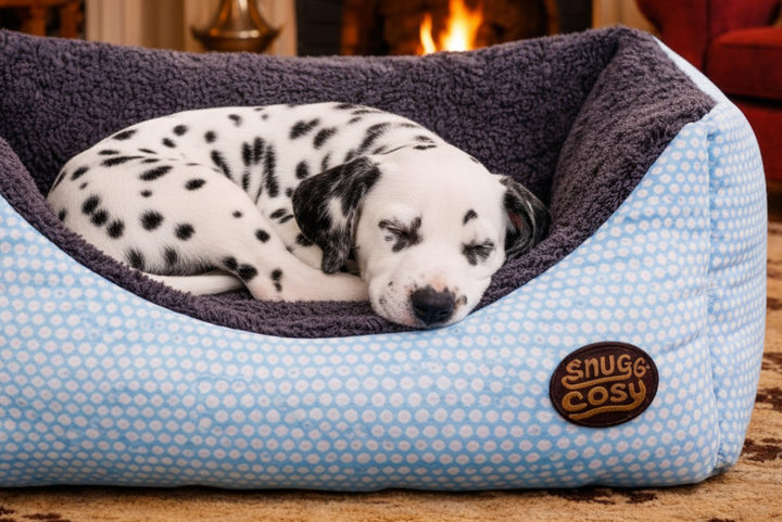 Blue Polka Dot Box Bed for Dogs & Cats – Soft Washable Pet Bed with Raised Sides