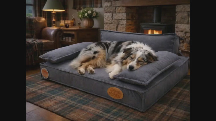 Memory Foam Dog Lounger with 2 Removable Side Pillows – Grey