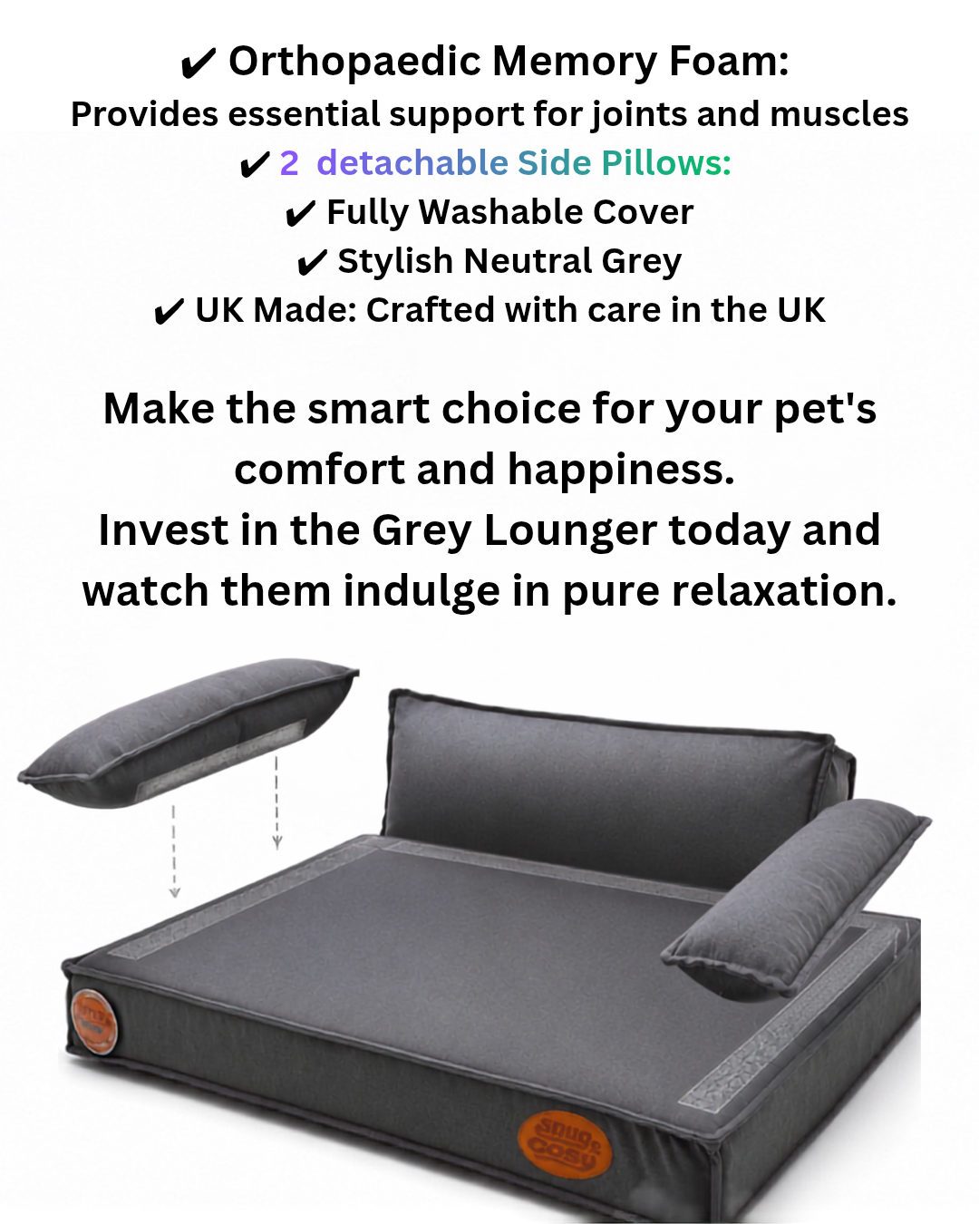 Grey Lounger: Premium Orthopaedic Memory Foam Dog Bed 88x68x26cm - Dog Beds & Loungers for dogs Snug and Cosy Pets